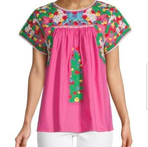 FRANCES VALENTINE - PINK /MULTI COLOR EMBROIDERED PEASANT STYLE TOP 1XL (14-16)